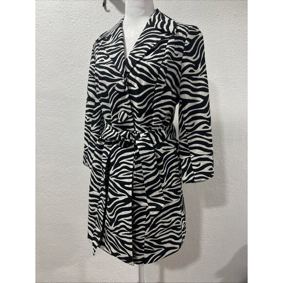INC Zebra Print Overcoat Button Front Size Medium Side Pockets Belted - Picture 2 of 12